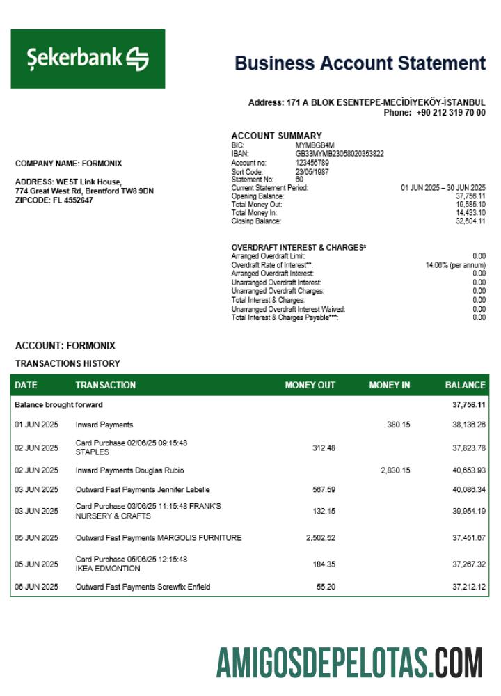 Realista turco Sekerbank empresa extrato de conta corrente modelo Word e PDF